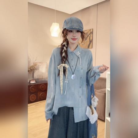 BY11351# 小卓衬衫浮游旧梦时尚春季复古设计感刺绣长袖衬衣21261 服裝批發女裝批發服飾貨源