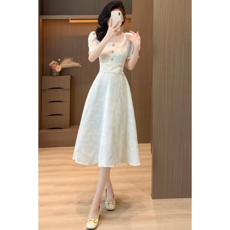 BY11353# 口袋大码赫本高端提花方领连衣裙夏季胖mm法式气质显瘦白色仙女裙 服裝批發女裝批發服飾貨源