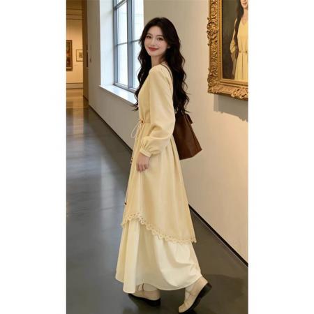 BY11356# 假两件黄色V领正肩长袖连衣裙大码胖mm串珠收腰裙子. 服裝批發女裝批發服飾貨源