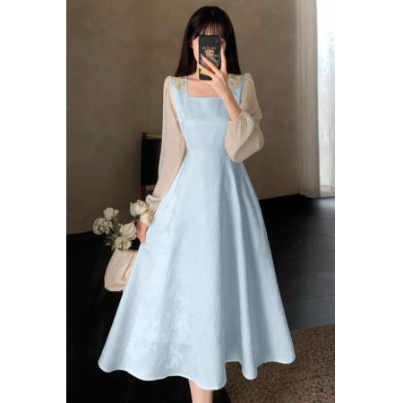 BY11357# 大码温柔风方领连衣裙女夏季蓝色法式裙子胖mm收腰显瘦气质a字裙. 服裝批發女裝批發服飾貨源