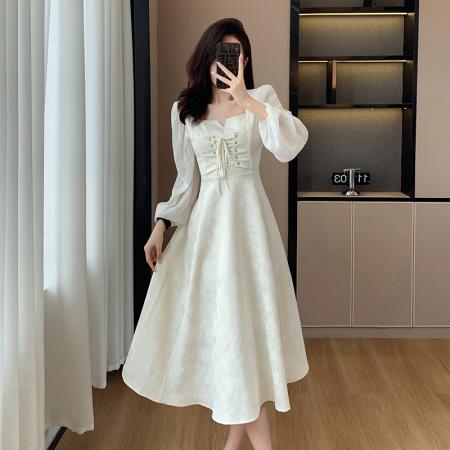 BY11359# 大码早春秋装新款气质显瘦收腰法式白色长袖中长款连衣裙女装 服裝批發女裝批發服飾貨源