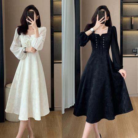 BY11359# 大码早春秋装新款气质显瘦收腰法式白色长袖中长款连衣裙女装 服裝批發女裝批發服飾貨源