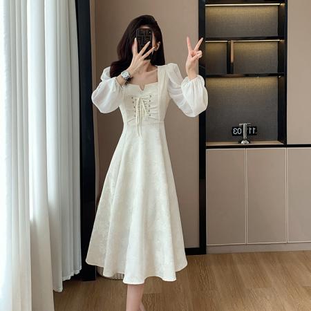 BY11359# 大码早春秋装新款气质显瘦收腰法式白色长袖中长款连衣裙女装 服裝批發女裝批發服飾貨源