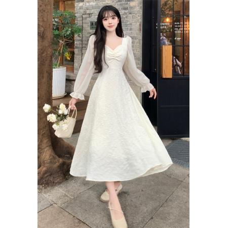 BY11361# 大码女装秋冬法式复古温柔风长袖提花连衣裙收腰显瘦气质过膝长裙 服裝批發女裝批發服飾貨源