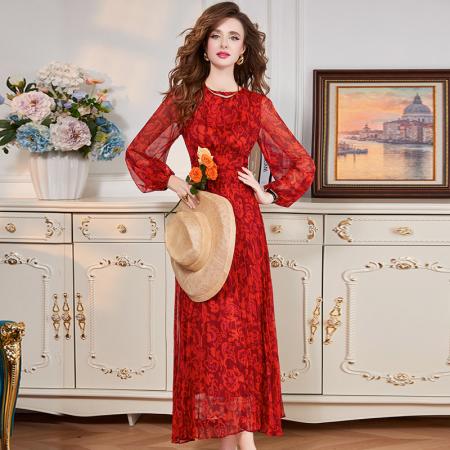 BY11362# 新款红色印花连衣裙女长袖春装圆领修身显瘦设计感百褶裙子 服裝批發女裝批發服飾貨源