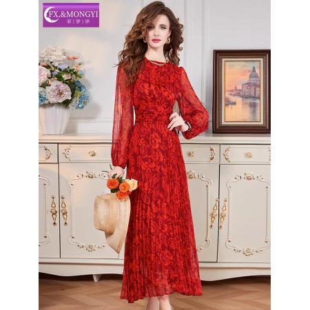 BY11362# 新款红色印花连衣裙女长袖春装圆领修身显瘦设计感百褶裙子 服裝批發女裝批發服飾貨源