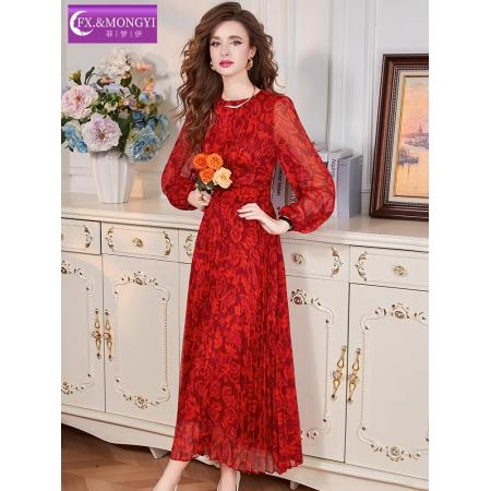 BY11362# 新款红色印花连衣裙女长袖春装圆领修身显瘦设计感百褶裙子 服裝批發女裝批發服飾貨源