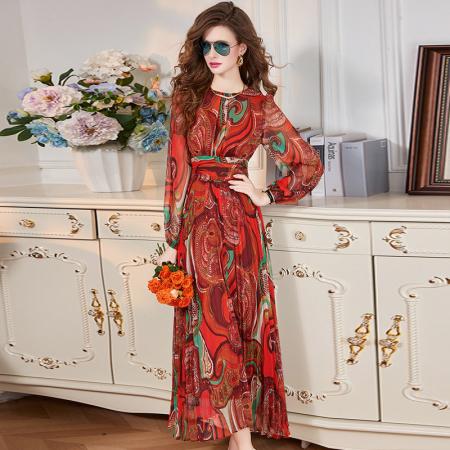 BY11363# 印花连衣裙女长袖春装新款轻熟优雅收腰设计感圆领显瘦长裙 服裝批發女裝批發服飾貨源