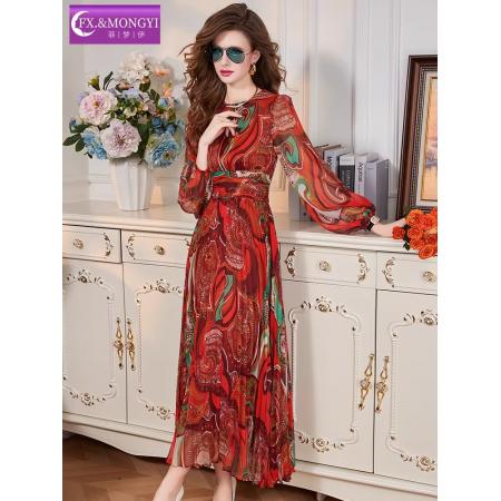 BY11363# 印花连衣裙女长袖春装新款轻熟优雅收腰设计感圆领显瘦长裙 服裝批發女裝批發服飾貨源