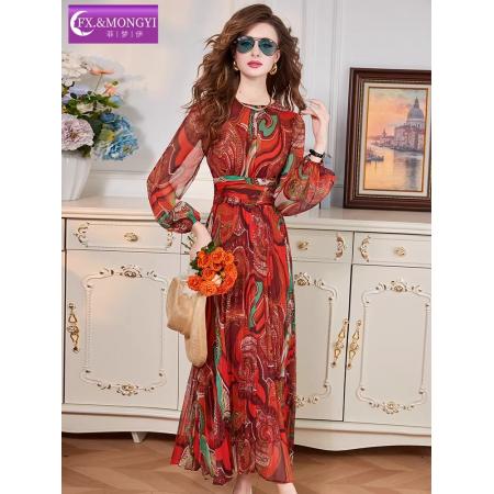 BY11363# 印花连衣裙女长袖春装新款轻熟优雅收腰设计感圆领显瘦长裙 服裝批發女裝批發服飾貨源