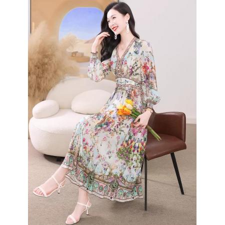 BY11364# 真丝连衣裙春新款海边度假风法式碎花裙轻奢复古桑蚕丝收腰裙 服裝批發女裝批發服飾貨源