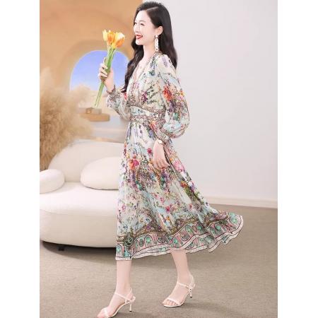 BY11364# 真丝连衣裙春新款海边度假风法式碎花裙轻奢复古桑蚕丝收腰裙 服裝批發女裝批發服飾貨源