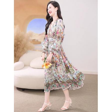 BY11364# 真丝连衣裙春新款海边度假风法式碎花裙轻奢复古桑蚕丝收腰裙 服裝批發女裝批發服飾貨源