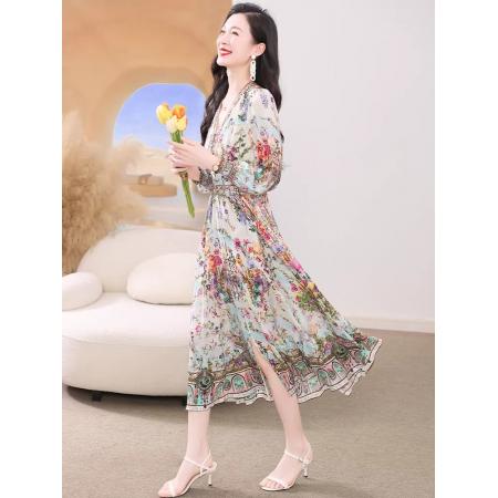 BY11364# 真丝连衣裙春新款海边度假风法式碎花裙轻奢复古桑蚕丝收腰裙 服裝批發女裝批發服飾貨源