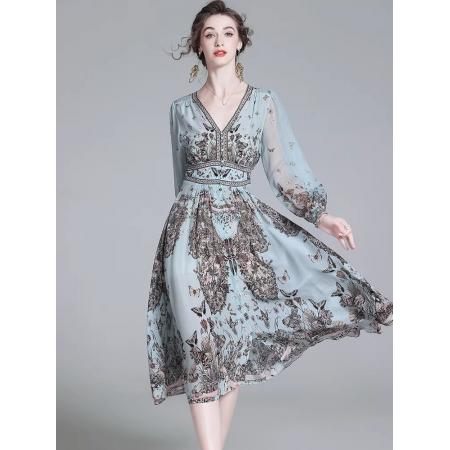 BY11365# 真丝连衣裙春新款复古碎花法式度假裙轻奢桑蚕丝气质裙 服裝批發女裝批發服飾貨源