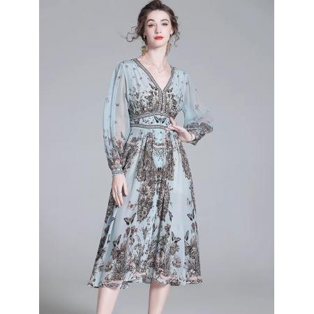 BY11365# 真丝连衣裙春新款复古碎花法式度假裙轻奢桑蚕丝气质裙 服裝批發女裝批發服飾貨源