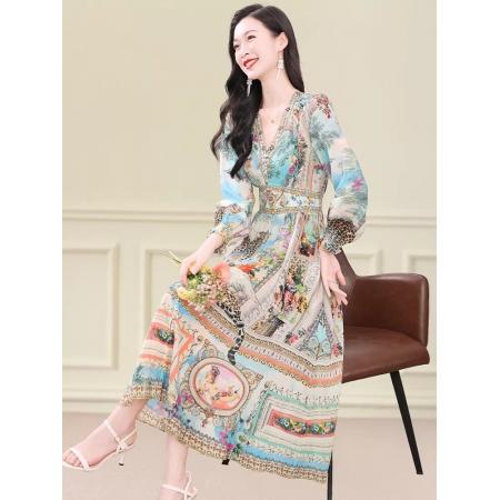 BY11366# 真丝连衣裙春新款度假风法式复古印花裙桑蚕丝收腰气质显瘦裙 服裝批發女裝批發服飾貨源