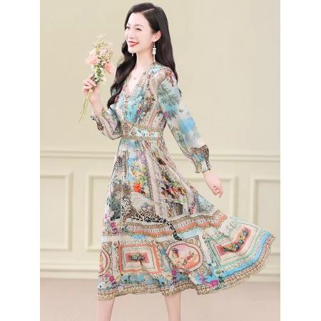 BY11366# 真丝连衣裙春新款度假风法式复古印花裙桑蚕丝收腰气质显瘦裙 服裝批發女裝批發服飾貨源