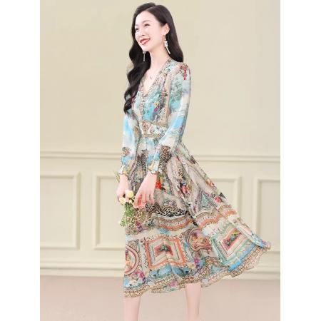 BY11366# 真丝连衣裙春新款度假风法式复古印花裙桑蚕丝收腰气质显瘦裙 服裝批發女裝批發服飾貨源