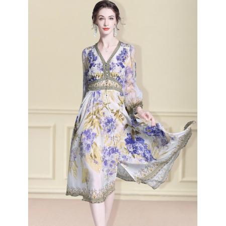 BY11367# 真丝连衣裙春季新款精致高端时尚收腰法式裙桑蚕丝印花裙 服裝批發女裝批發服飾貨源