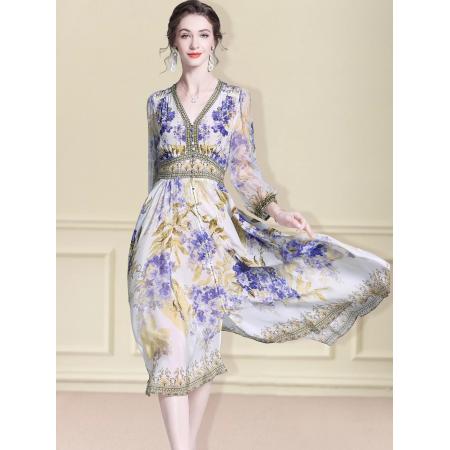 BY11367# 真丝连衣裙春季新款精致高端时尚收腰法式裙桑蚕丝印花裙 服裝批發女裝批發服飾貨源