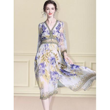 BY11367# 真丝连衣裙春季新款精致高端时尚收腰法式裙桑蚕丝印花裙 服裝批發女裝批發服飾貨源