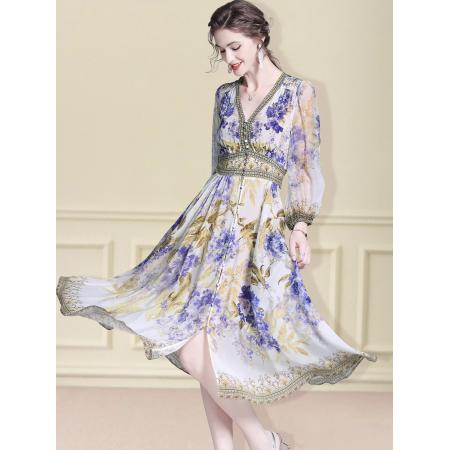 BY11367# 真丝连衣裙春季新款精致高端时尚收腰法式裙桑蚕丝印花裙 服裝批發女裝批發服飾貨源