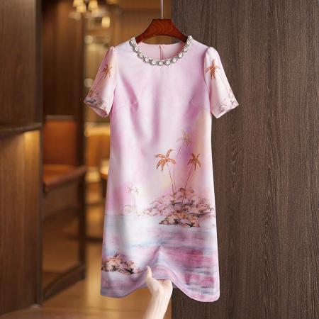 BY11368# 新款波嬉风烫钻贝壳圆领短袖热门穿搭海边度假小个子连衣裙 服裝批發女裝批發服飾貨源