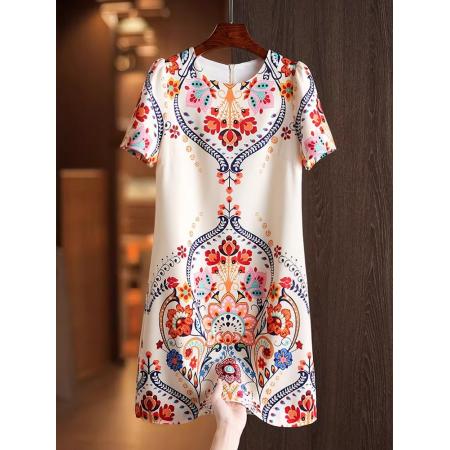 BY11372# 夏季新款复古绝美漂亮花色裙子穿搭减龄民族风短袖T恤连衣裙 服裝批發女裝批發服飾貨源