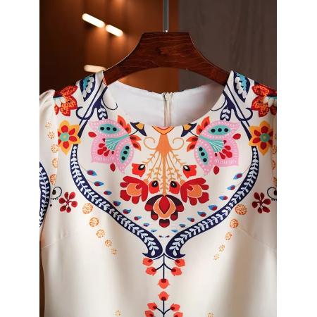 BY11372# 夏季新款复古绝美漂亮花色裙子穿搭减龄民族风短袖T恤连衣裙 服裝批發女裝批發服飾貨源