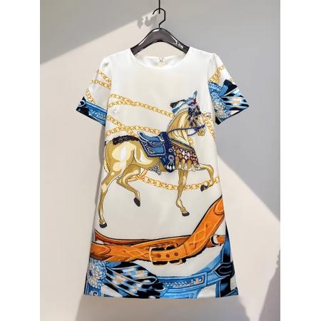 BY11374# 高级感轻奢连衣裙夏季新款女装重工订珠减领a字爱玛印花裙 服裝批發女裝批發服飾貨源