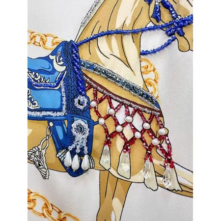 BY11374# 高级感轻奢连衣裙夏季新款女装重工订珠减领a字爱玛印花裙 服裝批發女裝批發服飾貨源