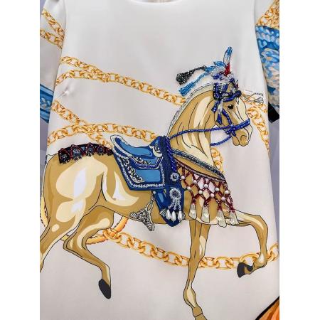 BY11374# 高级感轻奢连衣裙夏季新款女装重工订珠减领a字爱玛印花裙 服裝批發女裝批發服飾貨源