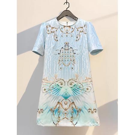 BY11375# 夏季新款高级感棉质时尚定位印花手工镶钻轻奢气质修身连衣裙 服裝批發女裝批發服飾貨源