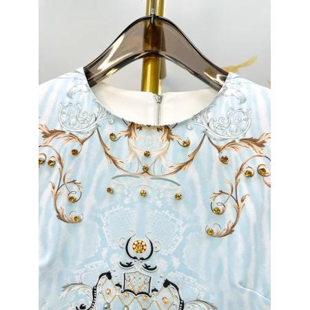 BY11375# 夏季新款高级感棉质时尚定位印花手工镶钻轻奢气质修身连衣裙 服裝批發女裝批發服飾貨源