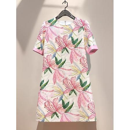 BY11376# 高级感线条百合花夏季新款女装精棉重工订珠圆领短袖连衣裙 服裝批發女裝批發服飾貨源