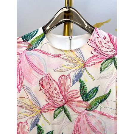 BY11376# 高级感线条百合花夏季新款女装精棉重工订珠圆领短袖连衣裙 服裝批發女裝批發服飾貨源