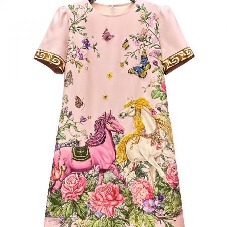 BY11379# 马到成功夏季新款女装时尚印花重工订珠双马轻奢名媛连衣裙 服裝批發女裝批發服飾貨源