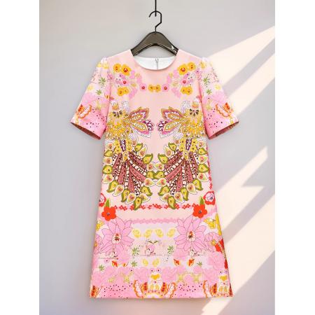 BY11380# 夏季新款女装舒适棉质圆领短袖手工镶钻a字裙时尚印花连衣裙 服裝批發女裝批發服飾貨源