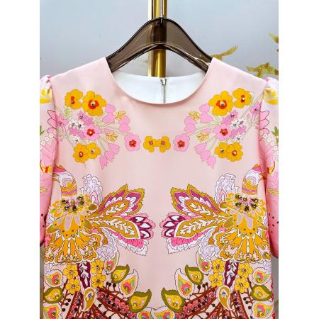 BY11380# 夏季新款女装舒适棉质圆领短袖手工镶钻a字裙时尚印花连衣裙 服裝批發女裝批發服飾貨源