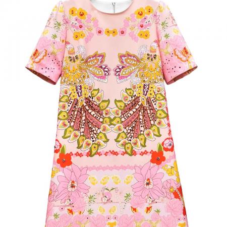 BY11380# 夏季新款女装舒适棉质圆领短袖手工镶钻a字裙时尚印花连衣裙 服裝批發女裝批發服飾貨源