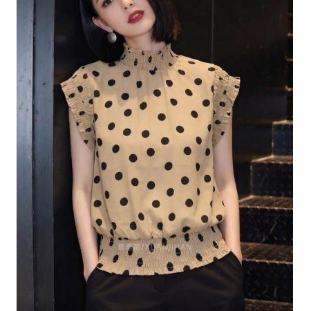 BY11382# 夏季新款法式波点半高领短袖衬衫女收腰百搭气质设计感上衣潮 服裝批發女裝批發服飾貨源