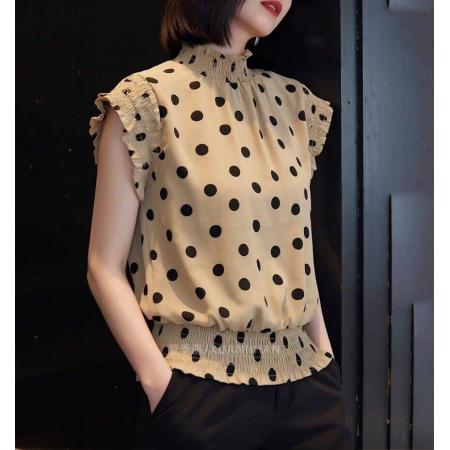 BY11382# 夏季新款法式波点半高领短袖衬衫女收腰百搭气质设计感上衣潮 服裝批發女裝批發服飾貨源