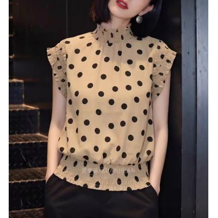 BY11382# 夏季新款法式波点半高领短袖衬衫女收腰百搭气质设计感上衣潮 服裝批發女裝批發服飾貨源