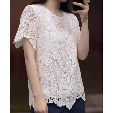 BY11383# 夏季新款白色蕾丝短袖t恤女夏季镂空显瘦气质上衣高级感时尚 服裝批發女裝批發服飾貨源
