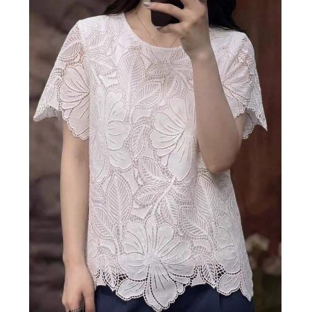 BY11383# 夏季新款白色蕾丝短袖t恤女夏季镂空显瘦气质上衣高级感时尚 服裝批發女裝批發服飾貨源