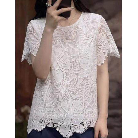 BY11383# 夏季新款白色蕾丝短袖t恤女夏季镂空显瘦气质上衣高级感时尚 服裝批發女裝批發服飾貨源