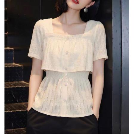 BY11384# 夏季新款法式镂空方领短袖衬衫女显瘦遮肉简约气质设计感上衣 服裝批發女裝批發服飾貨源