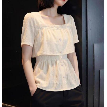 BY11384# 夏季新款法式镂空方领短袖衬衫女显瘦遮肉简约气质设计感上衣 服裝批發女裝批發服飾貨源