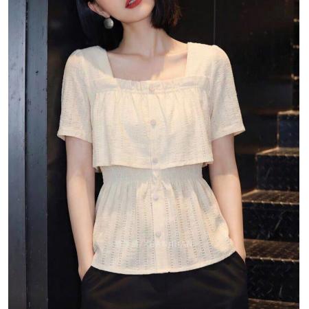 BY11384# 夏季新款法式镂空方领短袖衬衫女显瘦遮肉简约气质设计感上衣 服裝批發女裝批發服飾貨源